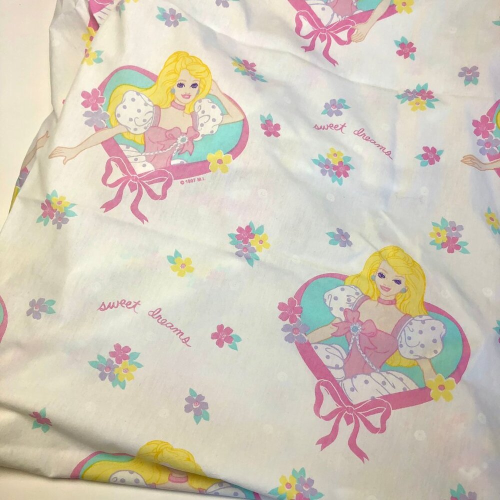 Vintage 90s Barbie Bedsheets Twin Set (Flat + Fitted) 1997 Sweet Dreams Ribbons - Picture 14 of 15